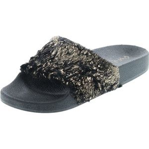 Qupid Black and Gold Slide Sandals